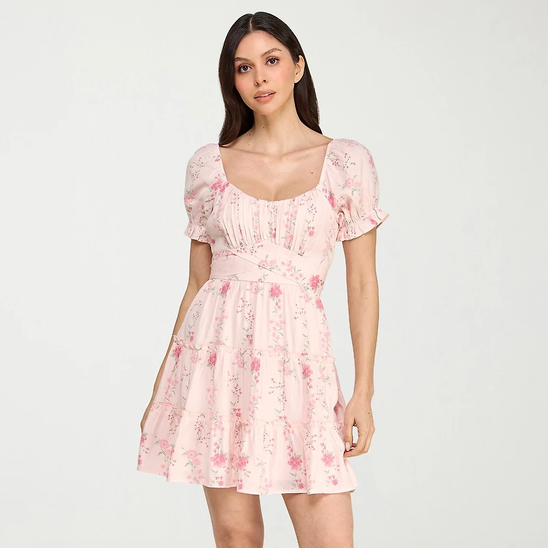 Trixxi Womens Juniors Square Neck Short Sleeve Puffed Floral Fit + Flare Dress