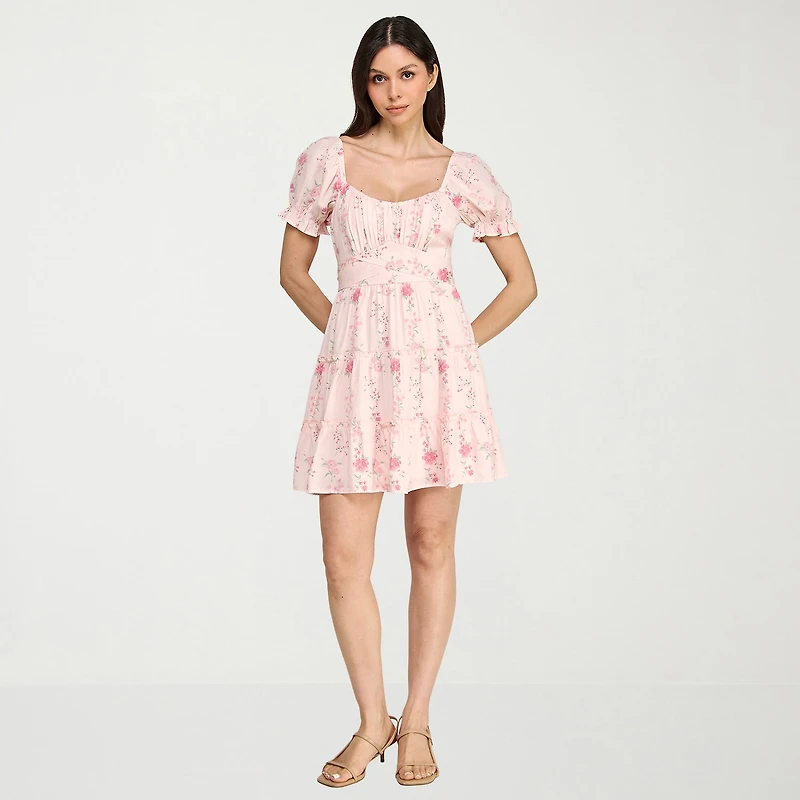Trixxi Womens Juniors Square Neck Short Sleeve Puffed Floral Fit + Flare Dress