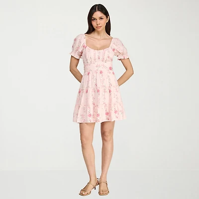 Trixxi Womens Juniors Square Neck Short Sleeve Puffed Floral Fit + Flare Dress