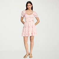 Trixxi Womens Juniors Square Neck Short Sleeve Puffed Floral Fit + Flare Dress