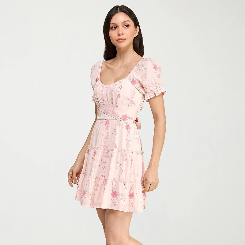 Trixxi Womens Juniors Square Neck Short Sleeve Puffed Floral Fit + Flare Dress