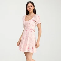 Trixxi Womens Juniors Square Neck Short Sleeve Puffed Floral Fit + Flare Dress