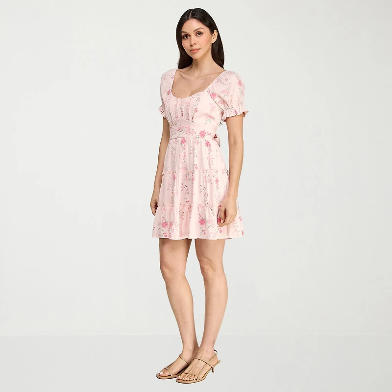 Trixxi Womens Juniors Square Neck Short Sleeve Puffed Floral Fit + Flare Dress