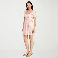 Trixxi Womens Juniors Square Neck Short Sleeve Puffed Floral Fit + Flare Dress
