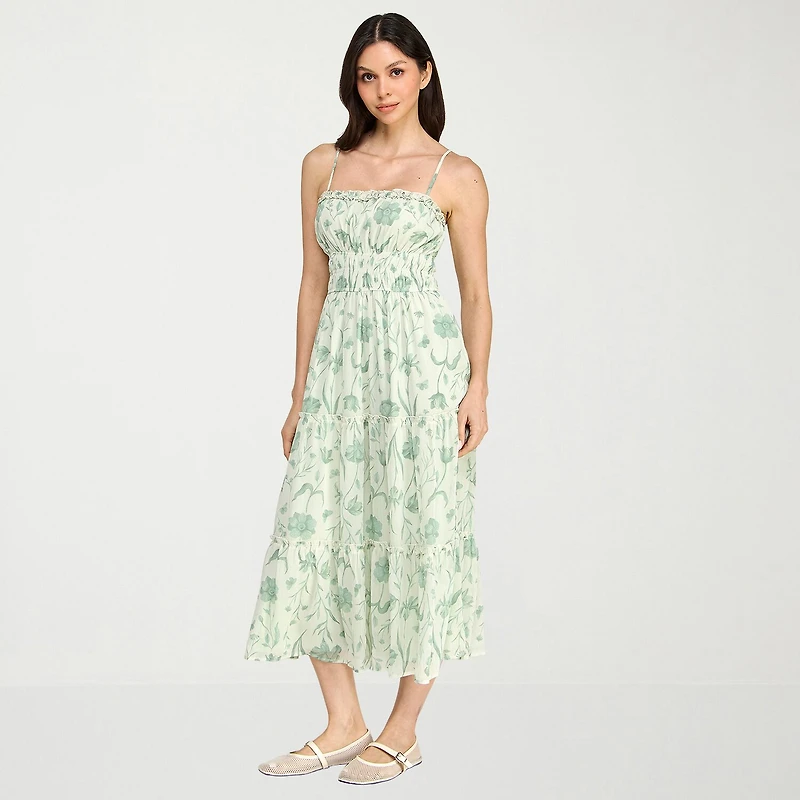 Trixxi Womens Juniors Midi Square Neck Sleeveless Floral A-Line Dress