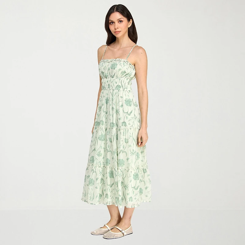 Trixxi Womens Juniors Midi Square Neck Sleeveless Floral A-Line Dress