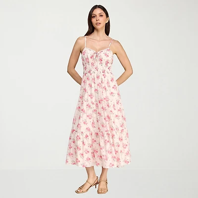 Trixxi Womens Juniors Midi Sweetheart Neck Sleeveless Floral A-Line Dress