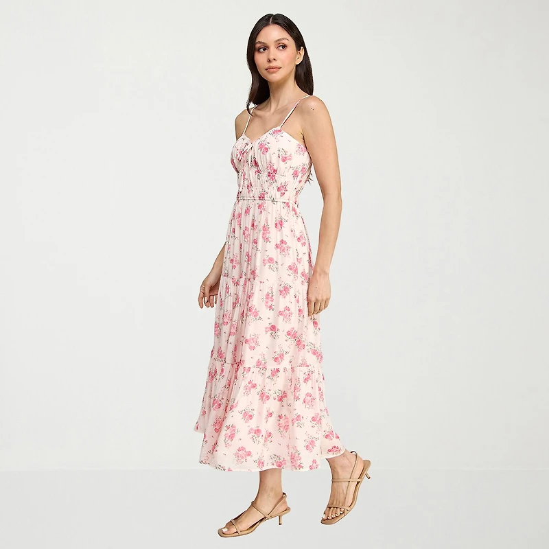 Trixxi Womens Juniors Midi Sweetheart Neck Sleeveless Floral A-Line Dress