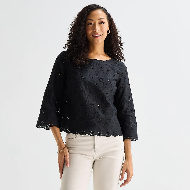 Liz Claiborne Womens Round Neck 3/4 Sleeve Blouse