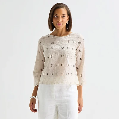 Liz Claiborne Womens Round Neck 3/4 Sleeve Blouse