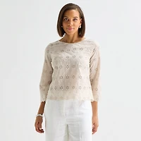 Liz Claiborne Womens Round Neck 3/4 Sleeve Blouse