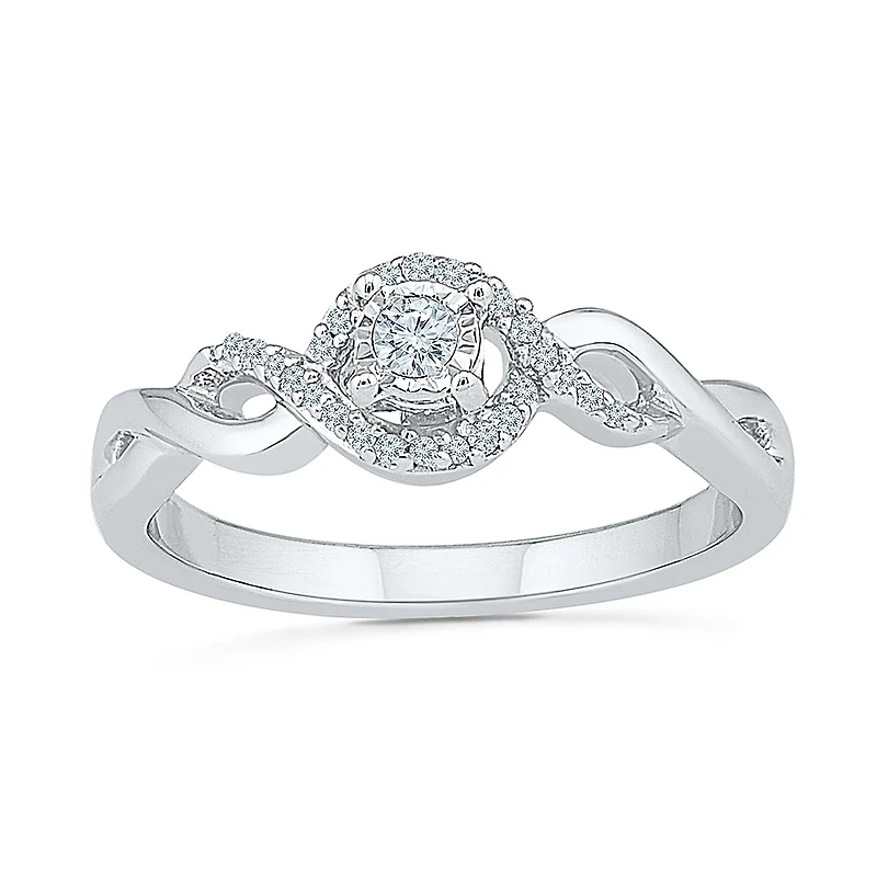 Womens 1/8 CT. T.W. Natural White Diamond Sterling Silver Round Side Stone Halo Promise Ring