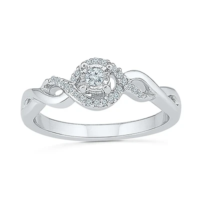 Womens 1/8 CT. T.W. Natural White Diamond Sterling Silver Round Side Stone Halo Promise Ring