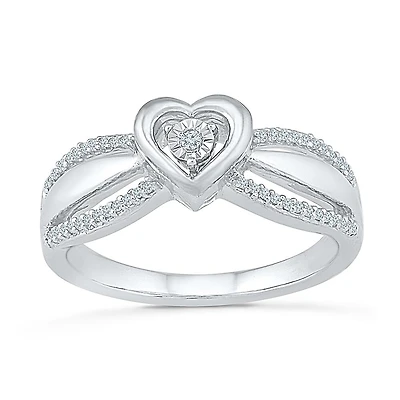 Womens 1/10 CT. T.W. Natural White Diamond Sterling Silver Heart Side Stone Promise Ring