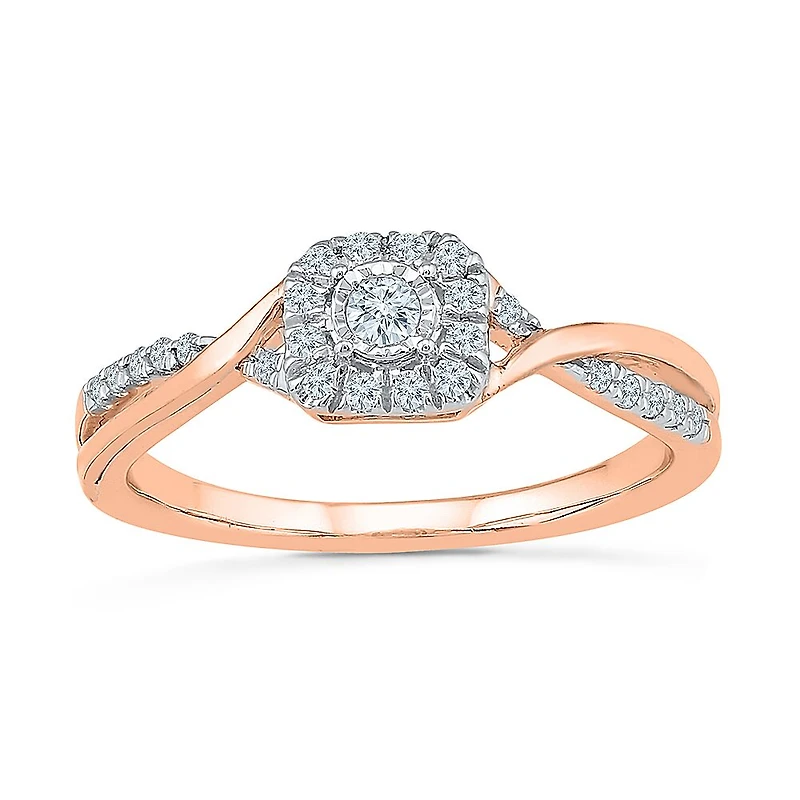 Promise My Love Womens 1/5 CT. Natural White Diamond 10K Gold Cushion Crossover Halo Ring