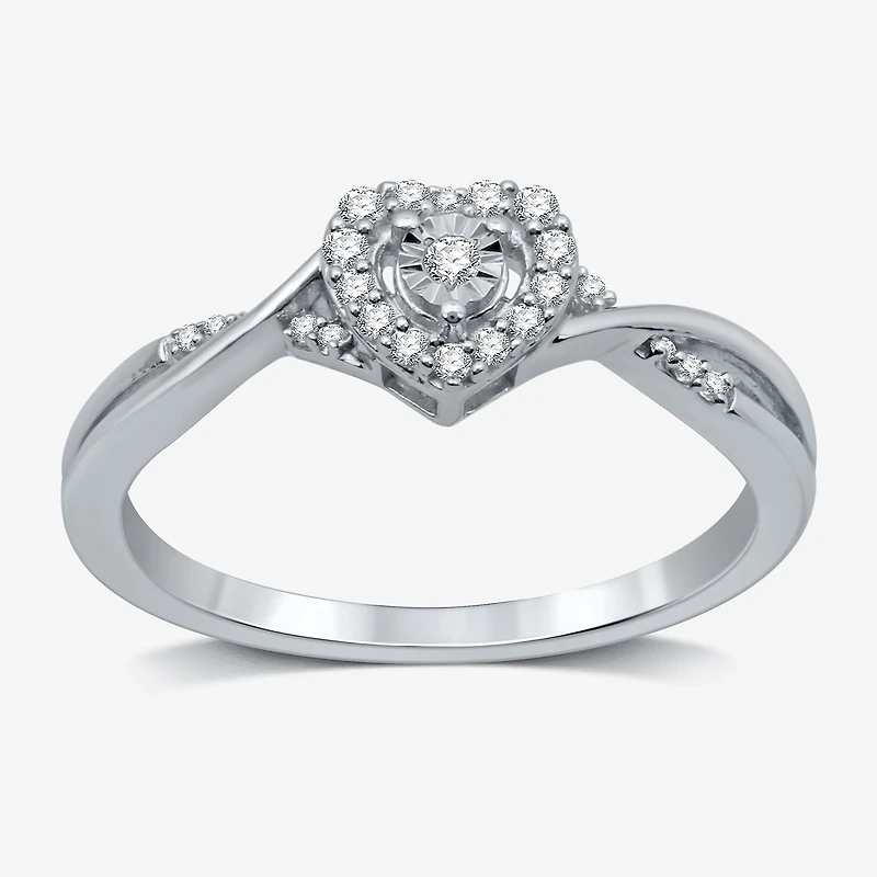 Promise My Love Sterling Silver Womens 1/10 CT. T.W. Natural White Diamond Heart Side Stone Halo Ring
