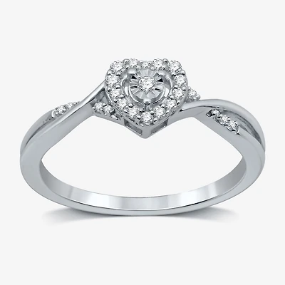 Promise My Love Sterling Silver Womens 1/10 CT. T.W. Natural White Diamond Heart Side Stone Halo Ring