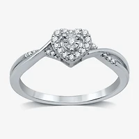 Promise My Love Sterling Silver Womens 1/10 CT. T.W. Natural White Diamond Heart Side Stone Halo Ring