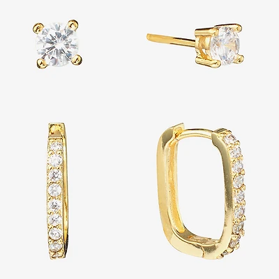 Sparkle Allure Womens Cubic Zirconia 24K Gold Over Brass 2 Pair Earring Set