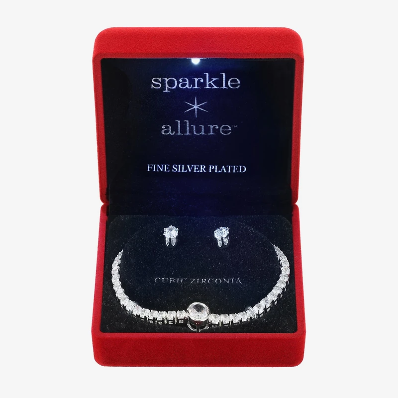Sparkle Allure Light Up Box Womens Cubic Zirconia Pure Silver Over Brass Round 2-pc. Jewelry Set