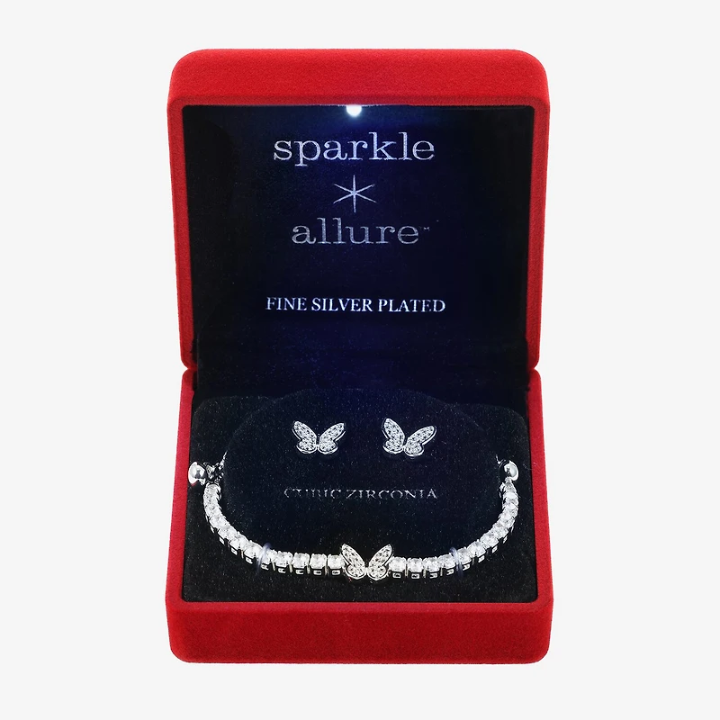 Sparkle Allure Light Up Box Womens Cubic Zirconia Pure Silver Over Brass Butterfly 2-pc. Jewelry Set