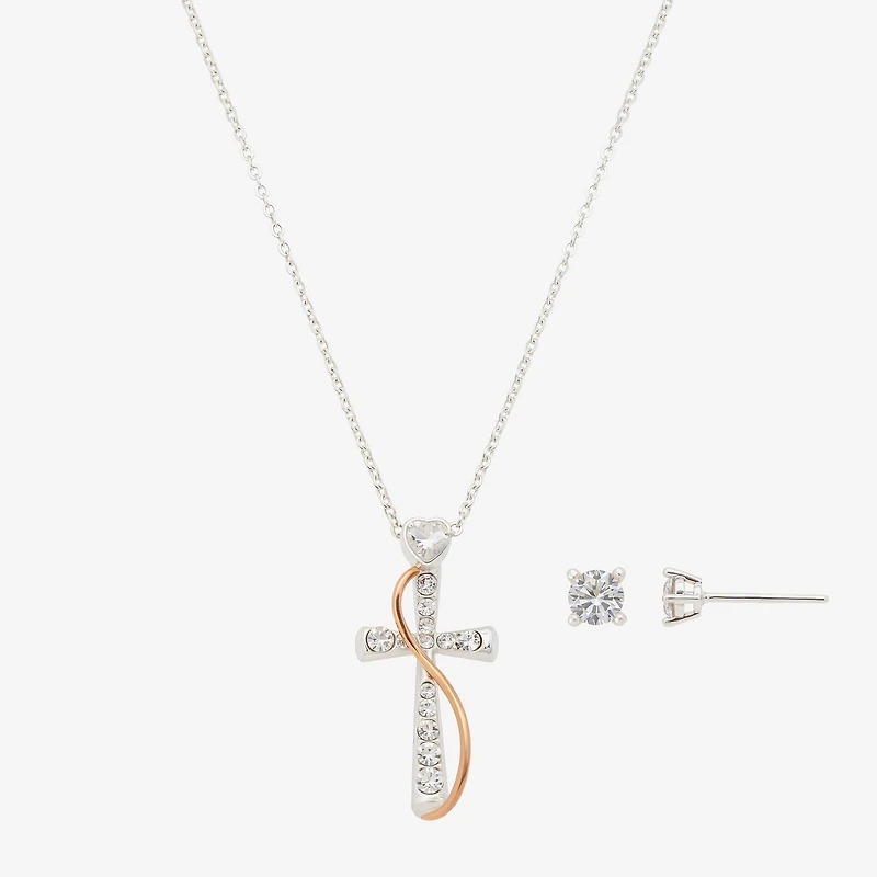 Footnotes Faith Womens Cubic Zirconia 14k Rose Gold Over Brass Pure Silver Over Brass Cross 2-pc. Jewelry Set