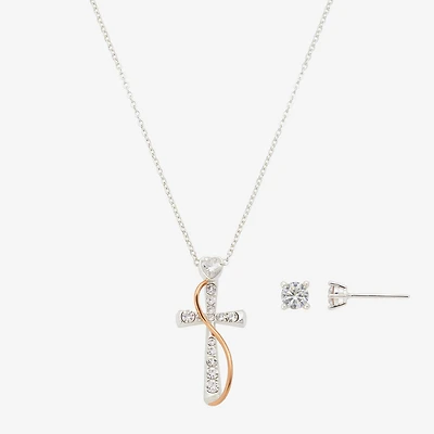 Footnotes Faith Womens Cubic Zirconia 14k Rose Gold Over Brass Pure Silver Over Brass Cross 2-pc. Jewelry Set