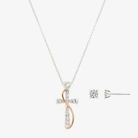 Footnotes Faith Womens Cubic Zirconia 14k Rose Gold Over Brass Pure Silver Over Brass Cross 2-pc. Jewelry Set