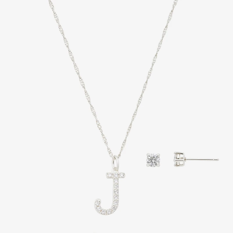 Sparkle Allure Initial Womens Cubic Zirconia Pure Silver Over Brass Round 2-pc. Jewelry Set