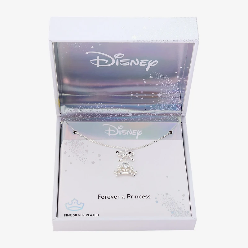 Disney Classics Womens Cubic Zirconia Pure Silver Over Brass Crown 16 Inch Pendant Necklace