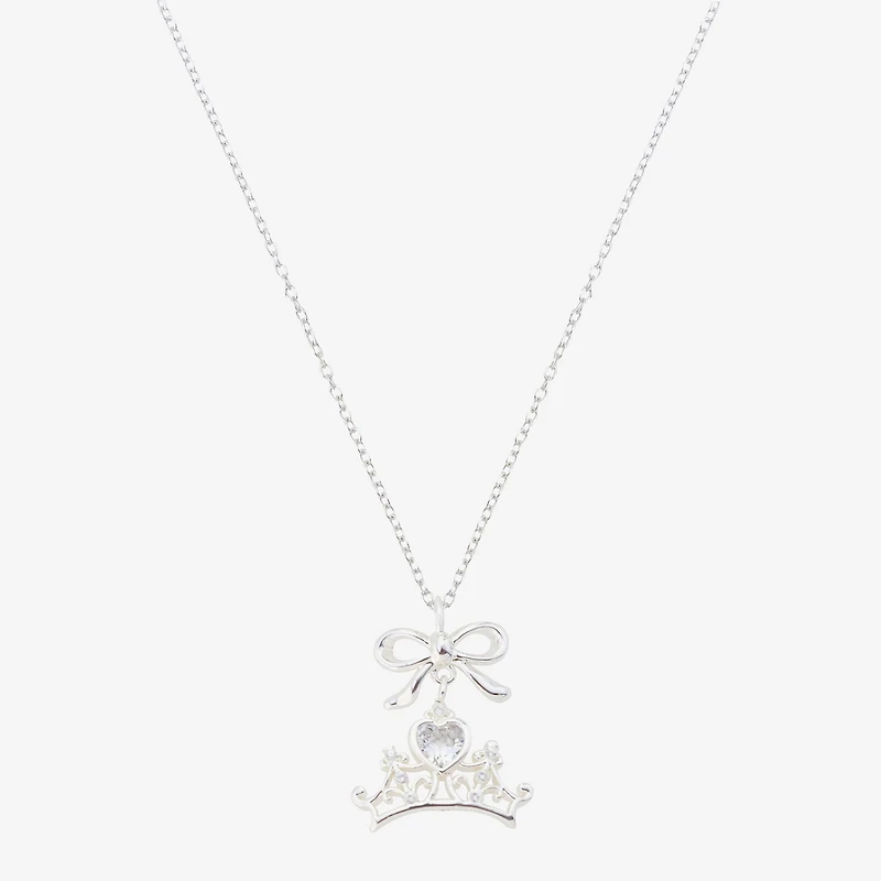 Disney Classics Womens Cubic Zirconia Pure Silver Over Brass Crown 16 Inch Pendant Necklace
