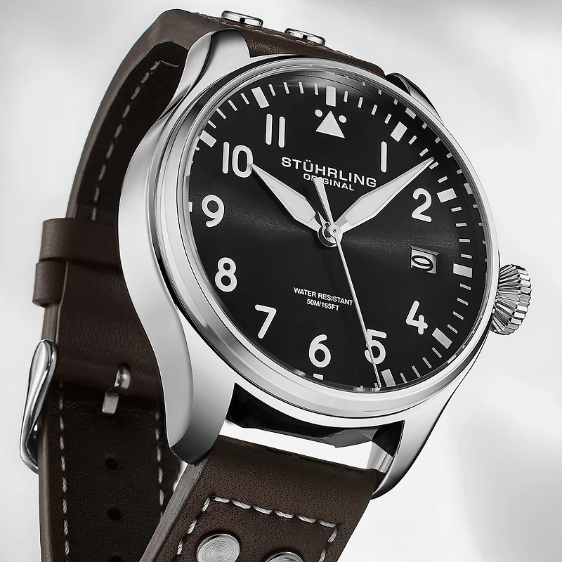 Stuhrling Mens Silver Tone Leather Strap Watch 4078.1