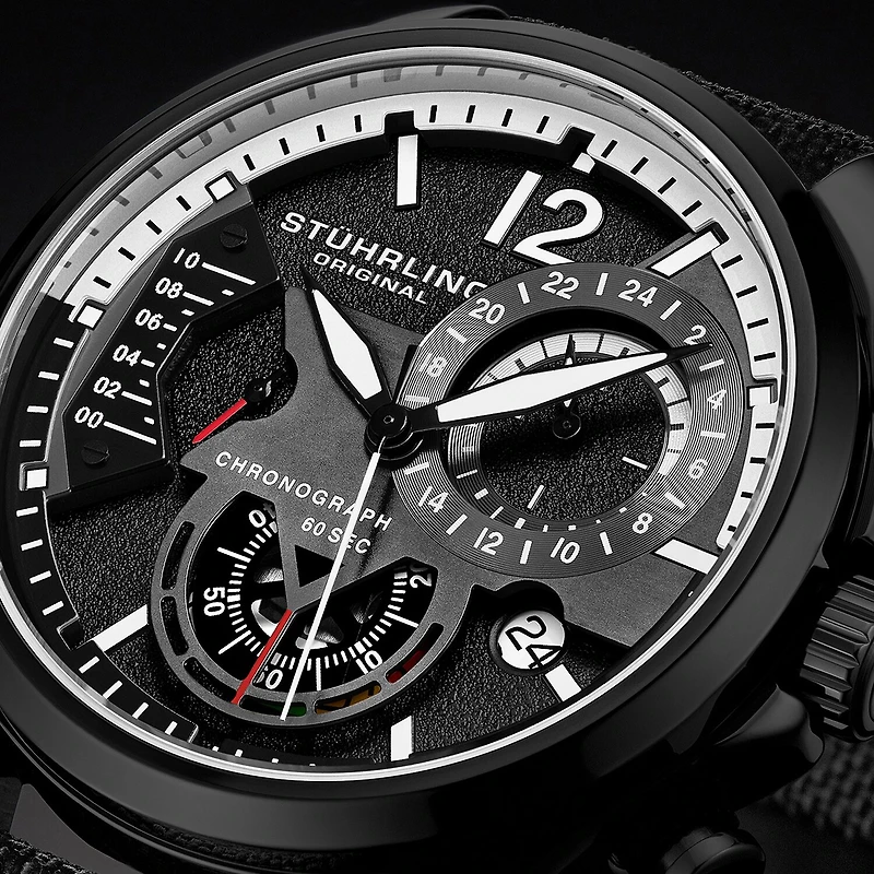 Stuhrling Mens Black Leather Strap Watch 4029.5