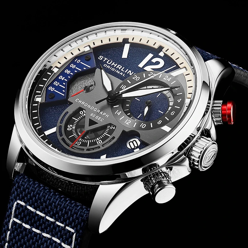 Stuhrling Mens Blue Leather Strap Watch 4029.2