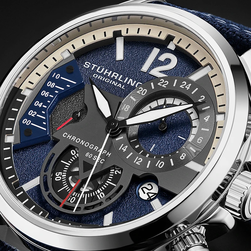 Stuhrling Mens Blue Leather Strap Watch 4029.2