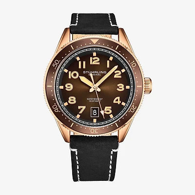 Stuhrling Mens Black Leather Strap Watch