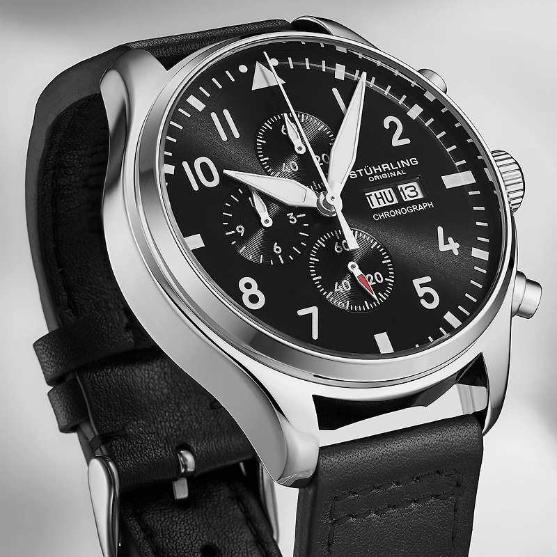 Stuhrling Mens Black Leather Strap Watch 4075.1