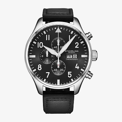Stuhrling Mens Black Leather Strap Watch