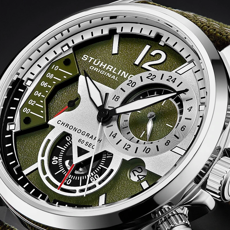 Stuhrling Mens Green Leather Strap Watch 4029.3