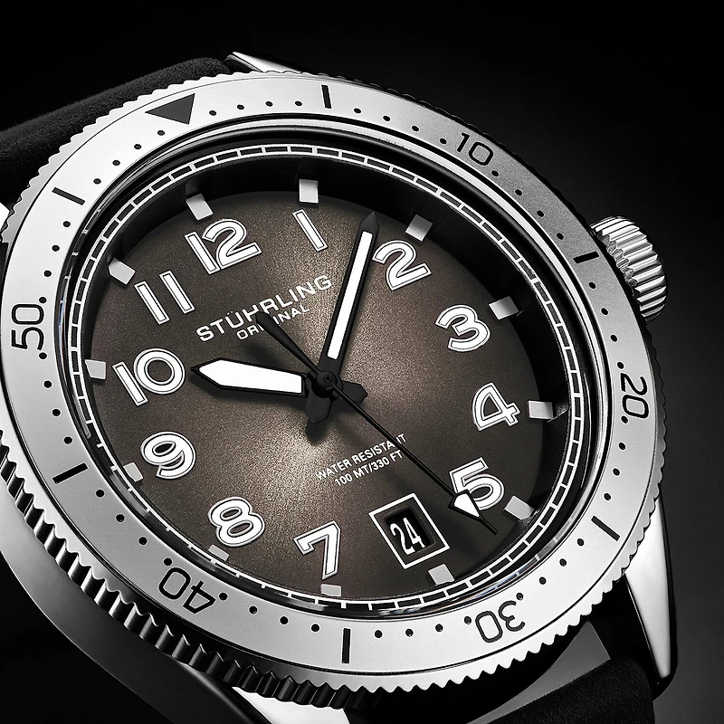 Stuhrling Mens Black Leather Strap Watch 3989.3