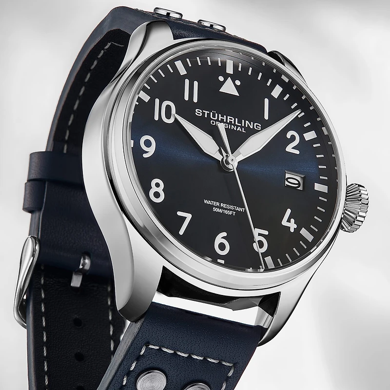 Stuhrling Mens Blue Leather Strap Watch 4078.2