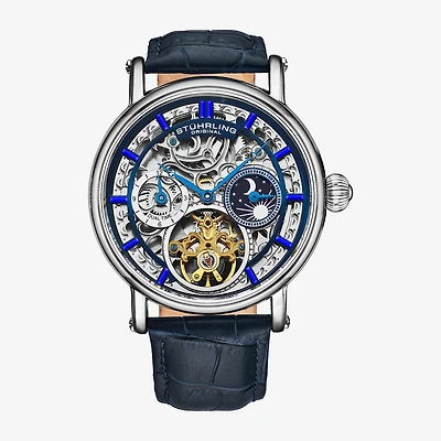 Stuhrling Mens Automatic Blue Leather Strap Watch 4000.1