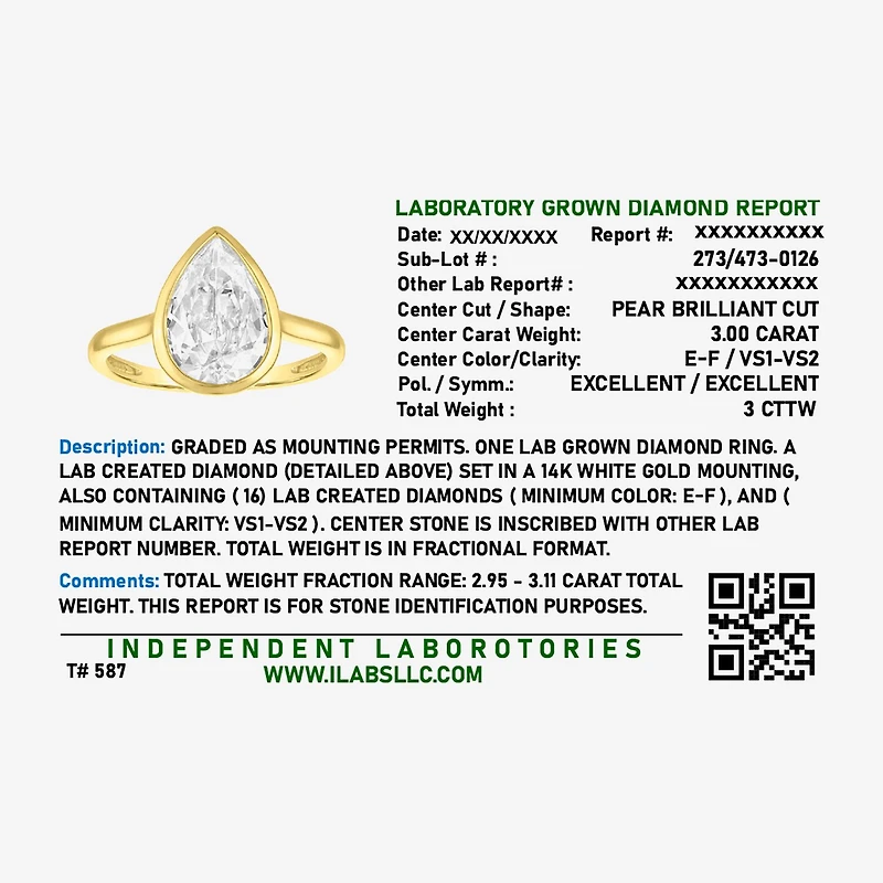 Bridal Addiction (E-F / Vs1-Vs2) Womens 3 CT. T.W. Lab Grown White Diamond 14K Gold Pear Solitaire Engagement Ring