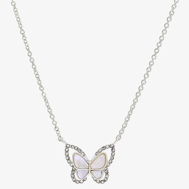 Sparkle Allure Womens White Mother Of Pearl Pure Silver Over Brass Butterfly 16 Inch Pendant Necklace