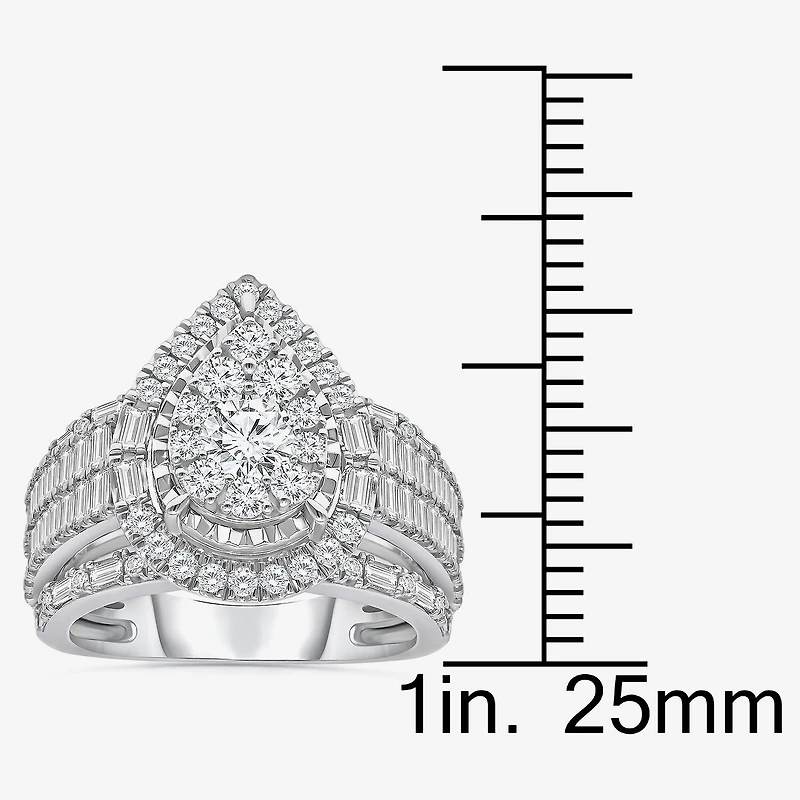 (I / I1) Womens 2 CT. T.W. Lab Grown White Diamond 10K Gold Pear Side Stone Halo Engagement Ring