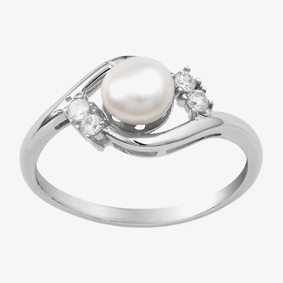 Silver Treasures Cultured Freshwater Pearl Womens White Cubic Zirconia Sterling Delicate Bypass Promise Ring