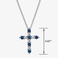 Womens Lab Grown Blue Sapphire & 1/8 CT. T.W. Lab Grown White Diamond Sterling Silver Cross Pendant Necklace