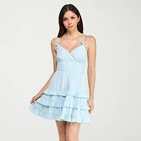 Trixxi Womens Juniors V Neck Short Sleeve Fit + Flare Dress