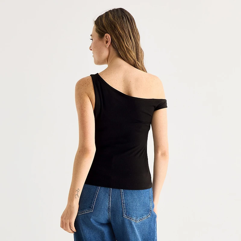 Arizona Womens Juniors Asymmetrical Neck Sleeveless T-Shirt