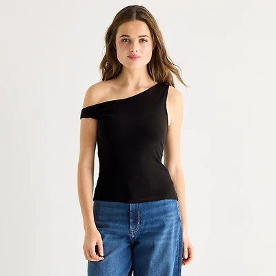 Arizona Womens Juniors Asymmetrical Neck Sleeveless T-Shirt
